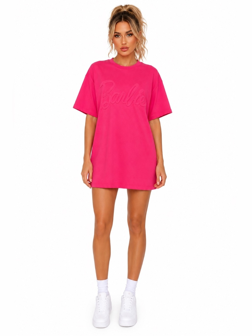 Barbie x Ugly Duckling Barbie Icon Embossed Pink T-Shirt Dress XS BNWT